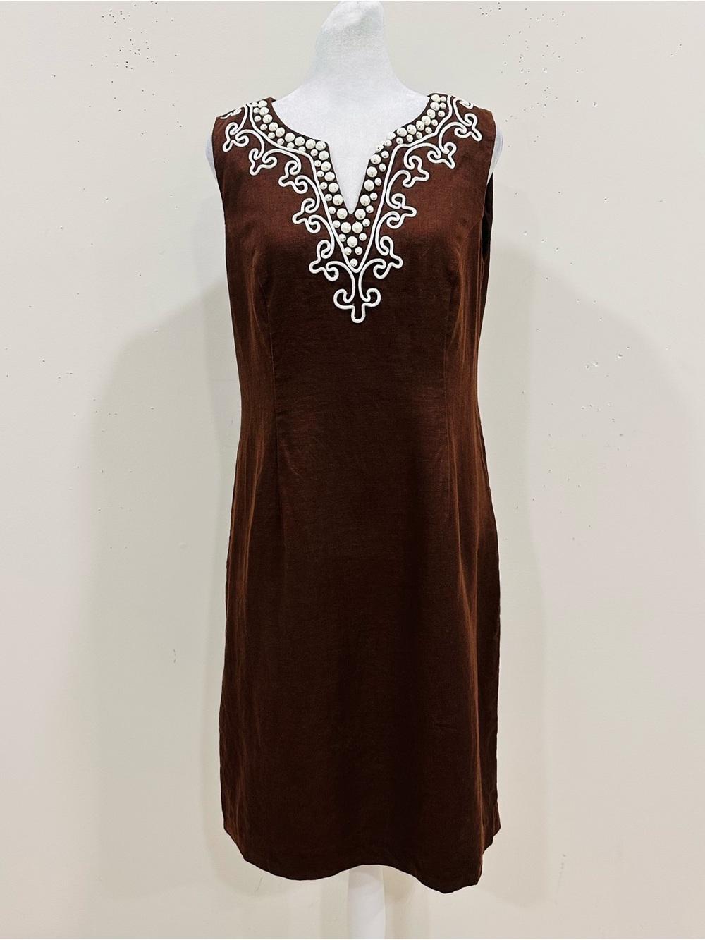 Talbot's Womens 100% Linen Sheath Dress Brown Embellished Beaded Size 10